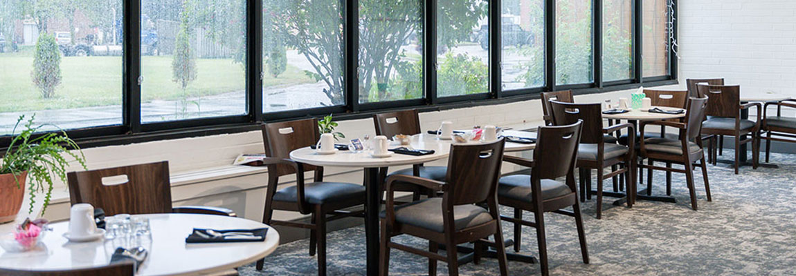 Dining room with courtyard view.